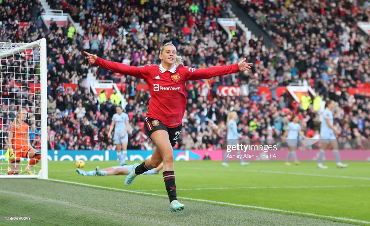 MANCHESTER, ENGLAND - DECEMBER 03: Alessia Russo of Manchester United celebrates after scoring their side's third goal during the FA Women's Super League match between Manchester United and Aston Villa at Old Trafford on December 03, 2022 in Manchester, England. (Photo by Ashley Allen - The FA/The FA via Getty Images)