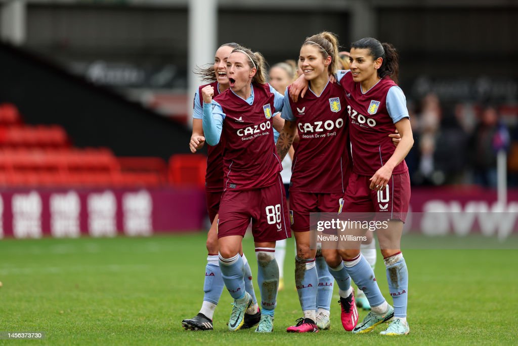 WALSALL, ENGLAND - JANUARY 14: Rachel Daly of <strong><a  data-cke-saved-href='https://www.vavel.com/en/football/2021/11/06/womens-football/1091876-aston-villa-women-0-1-chelsea-blues-claim-a-narrow-victory.html' href='https://www.vavel.com/en/football/2021/11/06/womens-football/1091876-aston-villa-women-0-1-chelsea-blues-claim-a-narrow-victory.html'>Aston Villa</a></strong> celebrates scoring a goal during the FA Women's Super League match between <strong><a  data-cke-saved-href='https://www.vavel.com/en/football/2021/11/06/womens-football/1091876-aston-villa-women-0-1-chelsea-blues-claim-a-narrow-victory.html' href='https://www.vavel.com/en/football/2021/11/06/womens-football/1091876-aston-villa-women-0-1-chelsea-blues-claim-a-narrow-victory.html'>Aston Villa</a></strong> and Tottenham Hotspur at Poundland Bescot Stadium on January 14, 2023 in Walsall, England. (Photo by Neville Williams/Aston Villa FC via Getty Images)