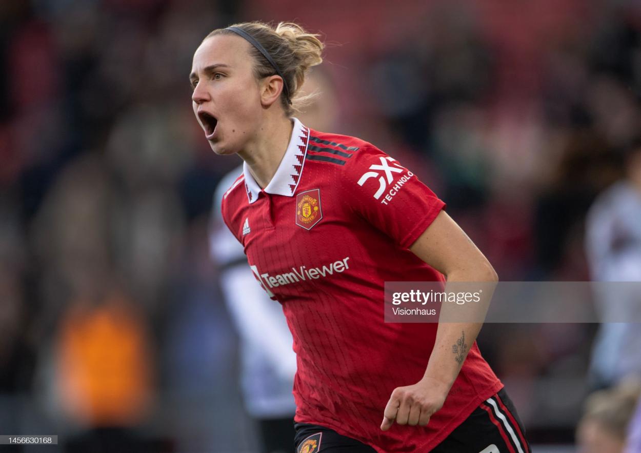 LEIGH, ENGLAND - JANUARY 15: Martha Thomas of <strong><a  data-cke-saved-href='https://www.vavel.com/en/football/2023/01/14/premier-league/1134597-manchester-united-2-1-manchester-city-player-ratings.html' href='https://www.vavel.com/en/football/2023/01/14/premier-league/1134597-manchester-united-2-1-manchester-city-player-ratings.html'>Manchester United</a></strong> celebrates scoring the fifth goal during the FA Women's Super League match between <strong><a  data-cke-saved-href='https://www.vavel.com/en/football/2023/01/14/premier-league/1134597-manchester-united-2-1-manchester-city-player-ratings.html' href='https://www.vavel.com/en/football/2023/01/14/premier-league/1134597-manchester-united-2-1-manchester-city-player-ratings.html'>Manchester United</a></strong> and Liverpool at Leigh Sports Village on January 15, 2023 in Leigh, United Kingdom. (Photo by Visionhaus/Getty Images)