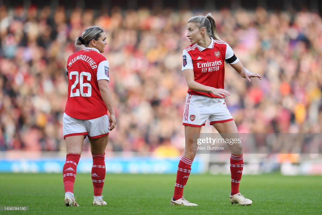 LONDON, ENGLAND - JANUARY 15: Leah Williamson of Arsenal talks with teammate Laura Wienroither during the FA Women's Super League match between Arsenal and Chelsea at Emirates Stadium on January 15, 2023 in London, England. (Photo by Alex Burstow/Arsenal FC via Getty Images)