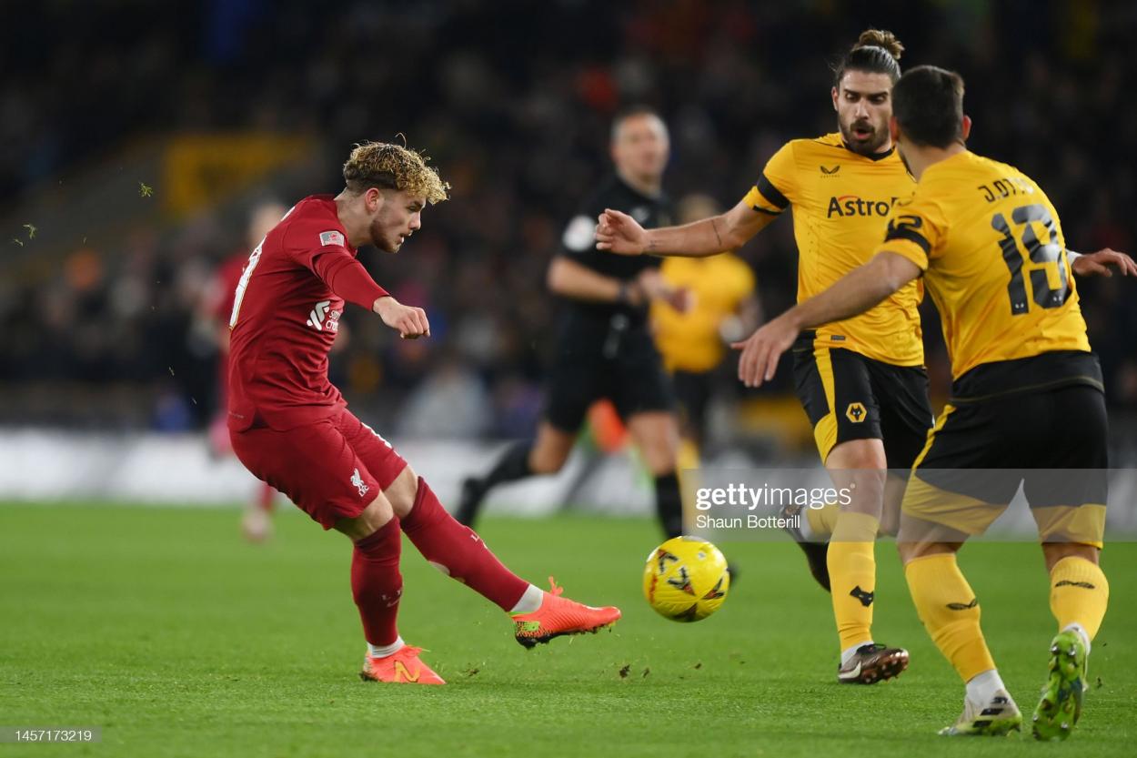 Harvey Elliott scores Liverpool's goal in the 1-0 FA Cup third round win over Wolves at Molineux on 17th January 2023 (Photo by Shaun Botterill/Getty Images)