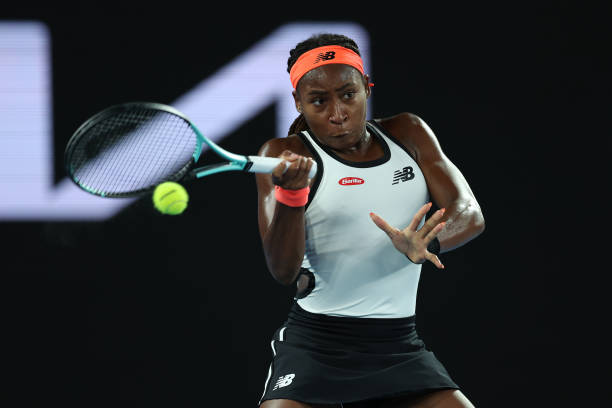 Gauff hits a forehand during her second-round victory/Photo: Clive Brunskill/Getty Images