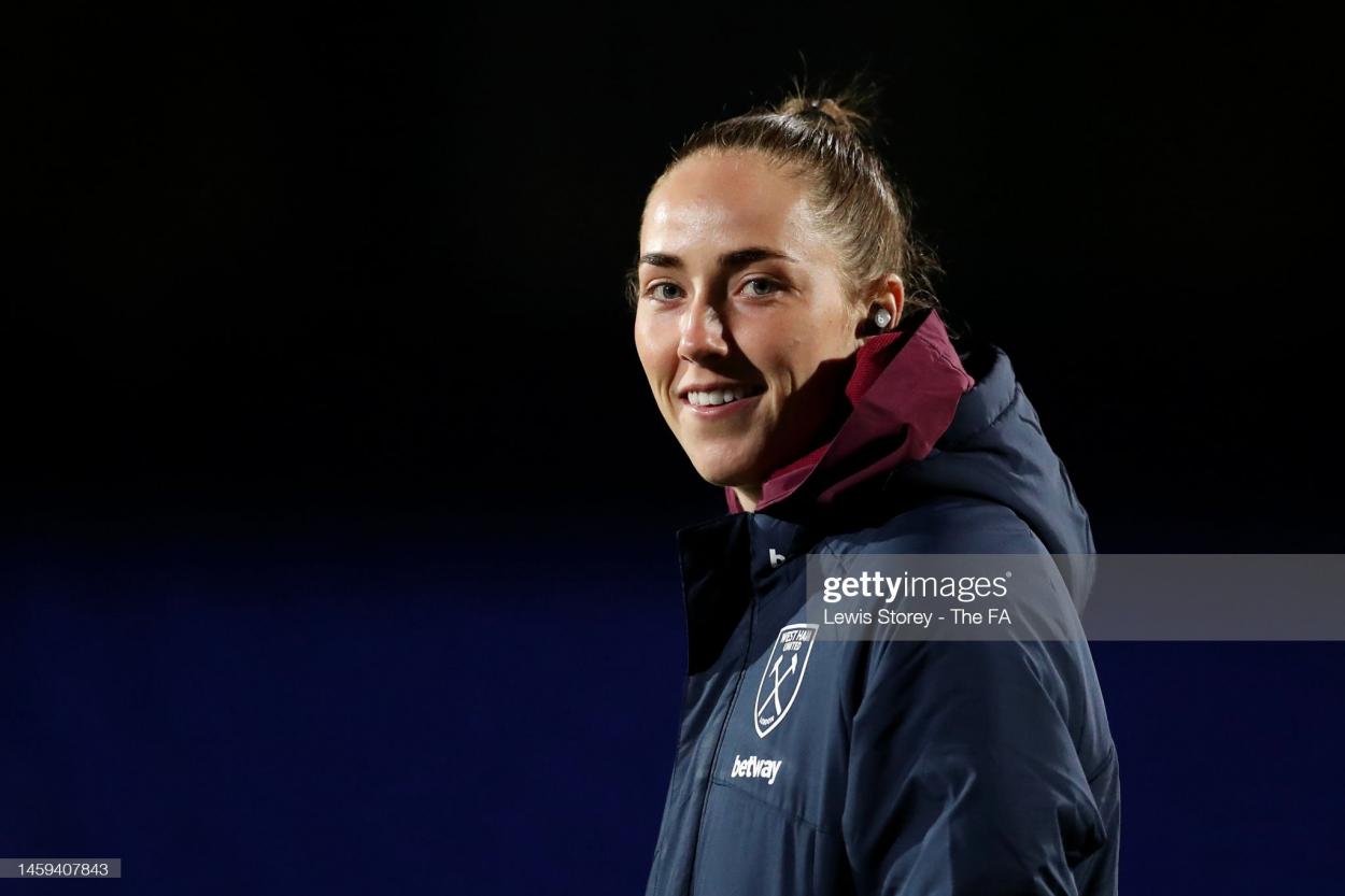 Lucy Parker of <strong><a href='https://www.vavel.com/en/football/2023/03/12/womens-football/1140432-arsenal-vs-reading-womens-super-league-preview-gameweek-15-2023.html'>West Ham United</a></strong> arrives at the stadium prior to the FA Women's Continental Tyres League Cup match between Liverpool and West Ham United at Prenton Park on January 25, 2023 in Birkenhead, England. (Photo by Lewis Storey - The FA/The FA via Getty Images)