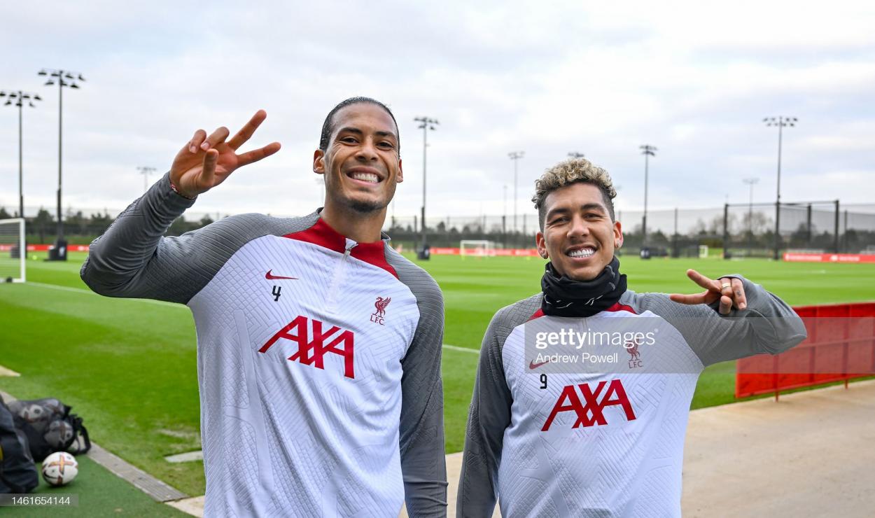 Virgil van Dijk (left) and Roberto Firmino (right) of Liverpool during a training session at the AXA Training Centre on 2nd February 2023 (Photo by Andrew Powell/Liverpool FC via Getty Images)