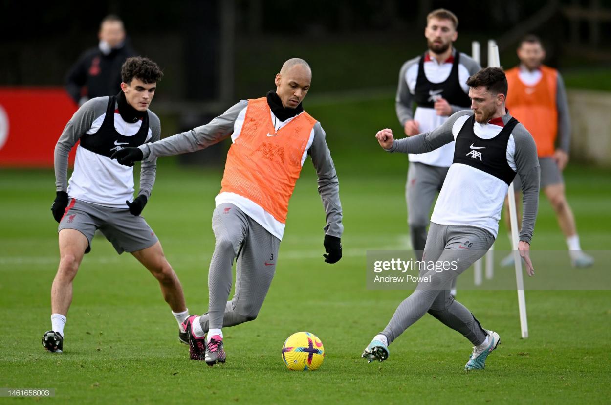 Fabinho (centre), Stefan Bajčetić (left) and Andy Robertson (right) during a Liverpool training session at the AXA Training Centre (Photo by Andrew Powell/Liverpool FC via Getty Images)