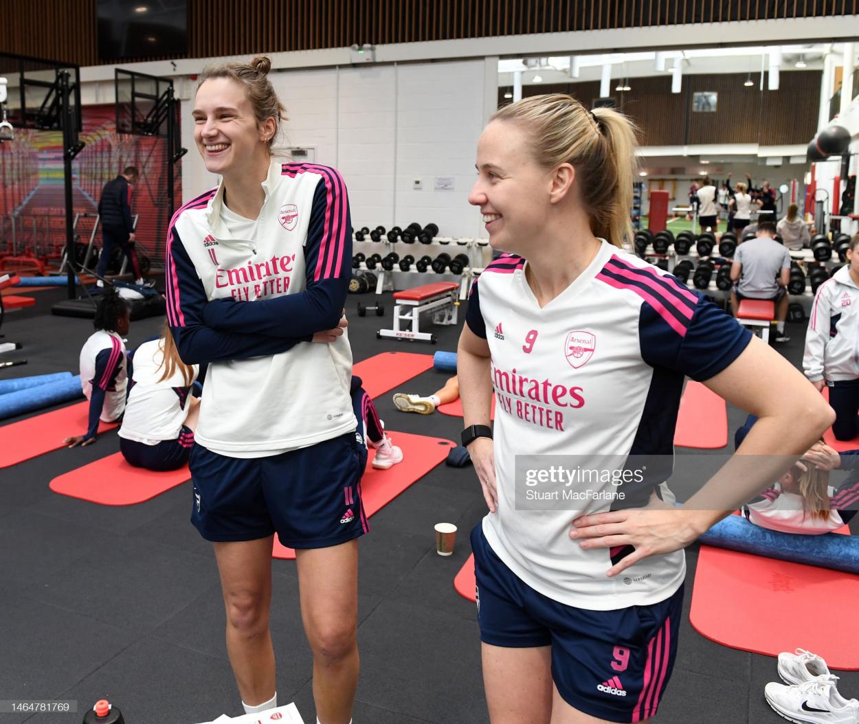 Vivianne Miedema and Beth Mead of Arsenal during the Arsenal training session at London Colney on February 10, 2023 in St Albans, England. (Photo by David Price/Arsenal FC via Getty Images)