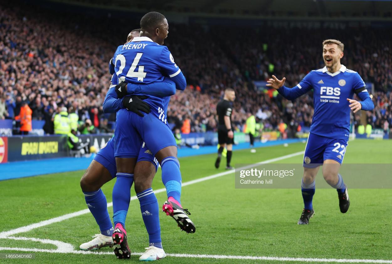 LEICESTER, ENGLAND - FEBRUARY 11: Nampalys Mendy of Leicester City celebrates with teammate Kelechi Iheanacho after scoring the team's first goal during the Premier League match between Leicester City and Tottenham Hotspur at The King Power Stadium on February 11, 2023 in Leicester, England. (Photo by Catherine Ivill/Getty Images)