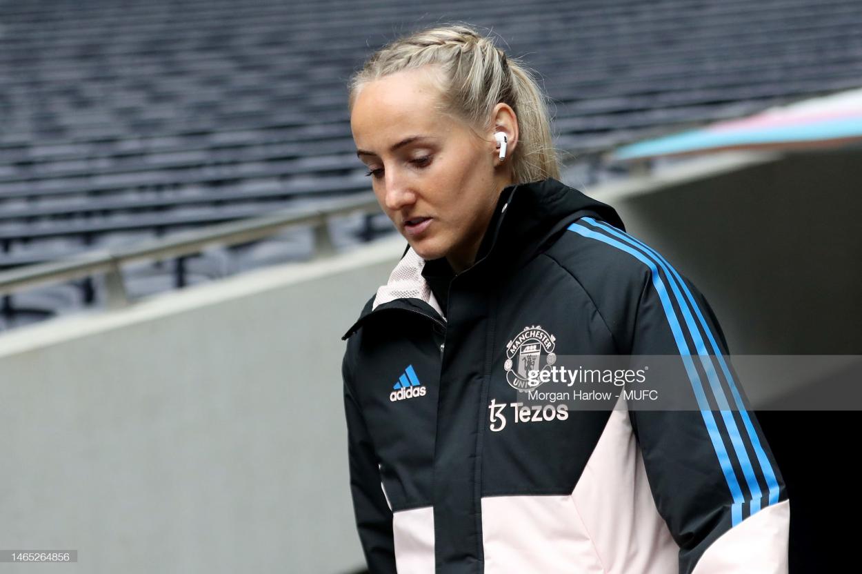 Millie Turner of Manchester United inspects the pitch prior to the FA Women's Super League match between Tottenham Hotspur and Manchester United at Tottenham Hotspur Stadium on February 12, 2023 in London, England. (Photo by Morgan Harlow - MUFC/Manchester United via Getty Images)