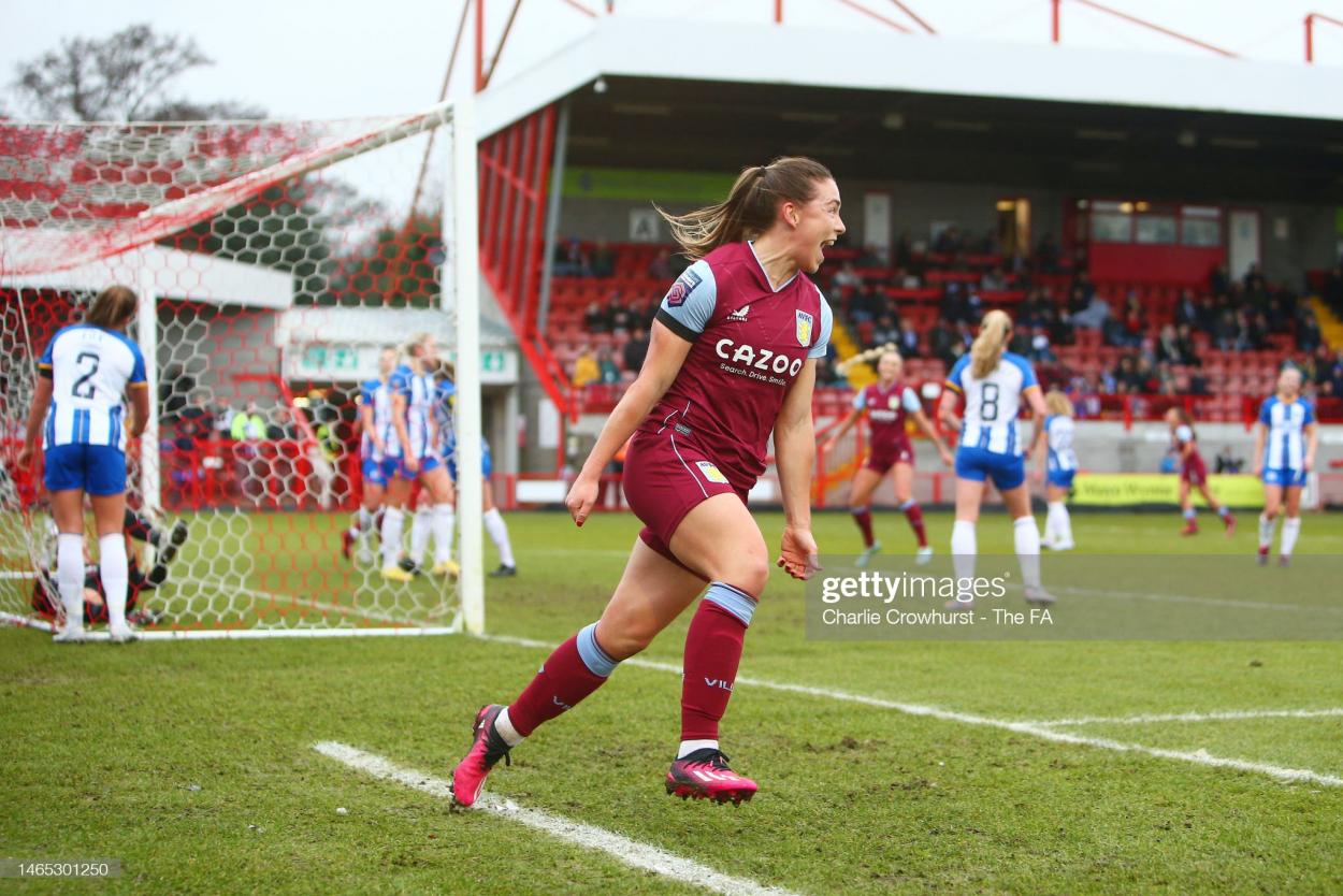 Kirsty Hanson celebrates giving <strong><a  data-cke-saved-href='https://www.vavel.com/en/football/2023/01/13/womens-football/1134441-tottenham-hotspur-women-boss-rehanne-skinner-says-reported-fee-for-beth-england-was-exaggerated.html' href='https://www.vavel.com/en/football/2023/01/13/womens-football/1134441-tottenham-hotspur-women-boss-rehanne-skinner-says-reported-fee-for-beth-england-was-exaggerated.html'>Aston Villa</a></strong> the lead. (Photo by Charlie Crowhurst - The FA/The FA via Getty Images)