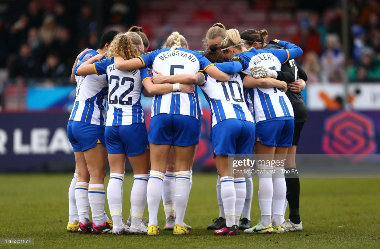 Players of Brighton & Hove Albion huddle prior to the FA Women's Super League match between Brighton & Hove Albion and <b><a  data-cke-saved-href='https://www.vavel.com/en/data/aston-villa' href='https://www.vavel.com/en/data/aston-villa'>Aston Villa</a></b> at Broadfield Stadium on February 12, 2023 in Crawley, England. (Photo by Charlie Crowhurst - The FA/The FA via Getty Images)