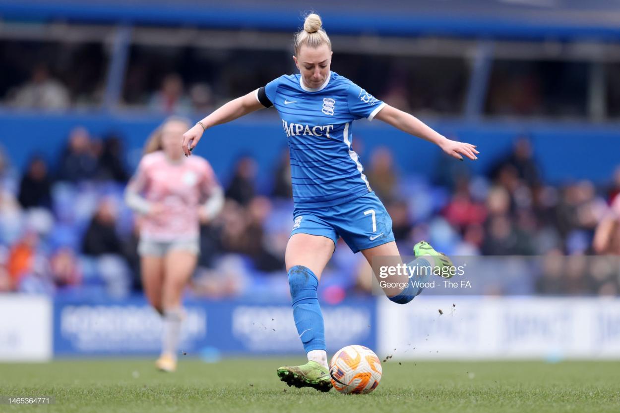 Jade Pennock of Birmingham City shoots during the Barclays FA Women's Championship match between Birmingham City and London City Lionesses at St Andrew's Trillion Trophy Stadium on February 12, 2023 in Birmingham, England. (Photo by George Wood - The FA/The FA via Getty Images)