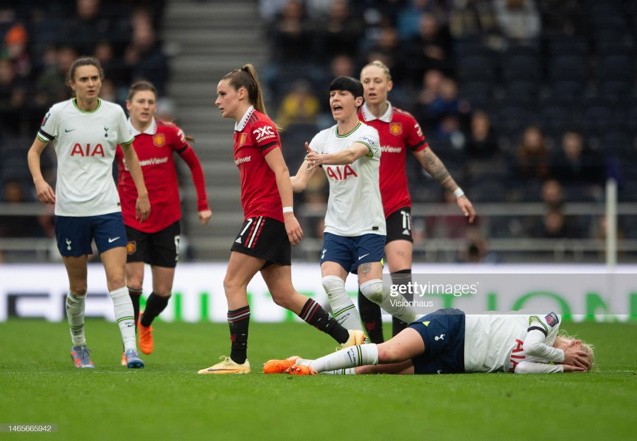 Eveliina Summanen was involved in a controversial confrontation with Ella Toone during Spurs' defeat to Man United (Photo by Visionhaus/Getty Images)