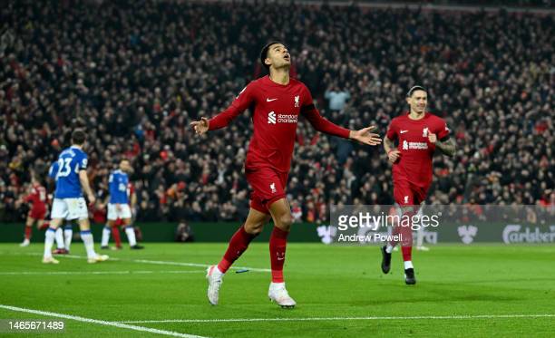 Cody Gakpo celebrates scoring his first Liverpool goal against Everton (Photo: Andrew Powell/Liverpool FC via GETTY Images)