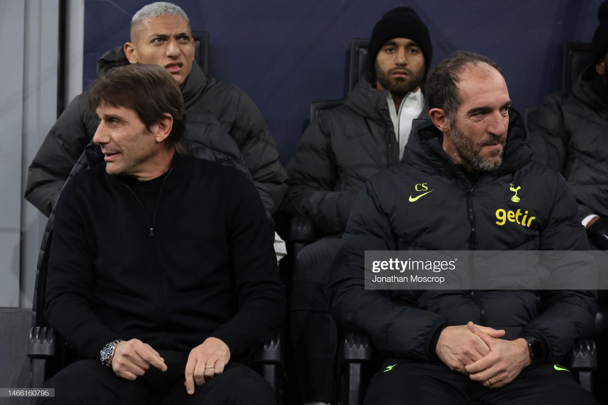 Antonio Conte and <strong><a  data-cke-saved-href='https://www.vavel.com/en/football/2023/02/03/tottenham-hotspur/1136580-stellini-believes-spurs-must-be-perfect-to-beat-manchester-city.html' href='https://www.vavel.com/en/football/2023/02/03/tottenham-hotspur/1136580-stellini-believes-spurs-must-be-perfect-to-beat-manchester-city.html'>Cristian Stellini</a></strong> at the San Siro. (Photo by Jonathan Moscrop/Getty Images)