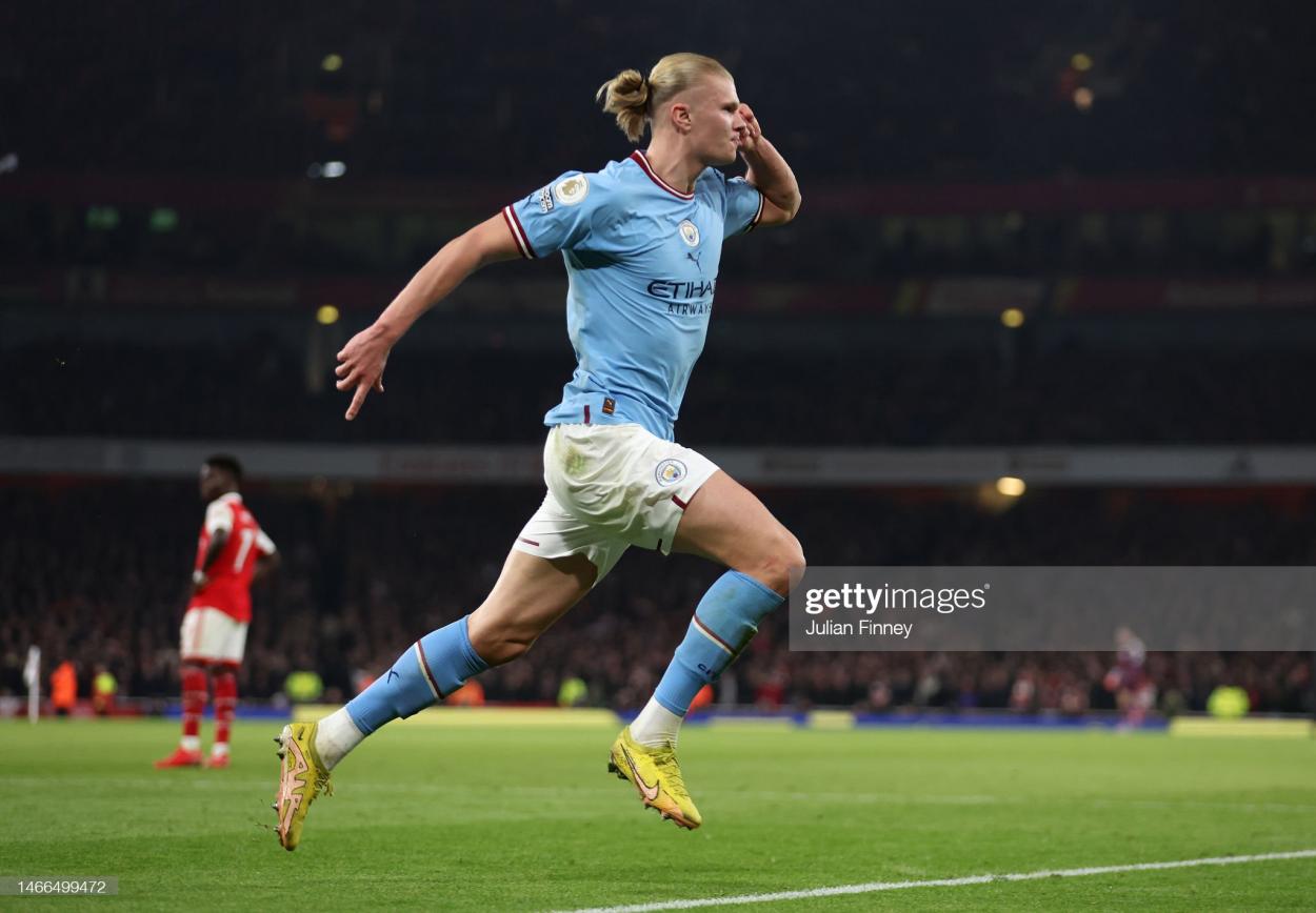 Haaland celebrating after scoring against Arsenal in February. (Photo by Julian Finney/Getty Images)