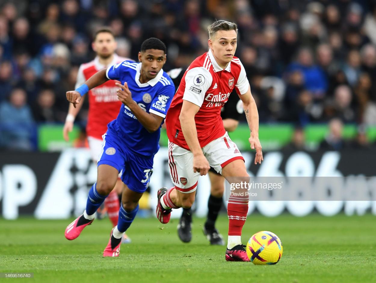 Leandro Trossard in action against Leicester. (Photo by David Price/Arsenal FC via Getty Images)