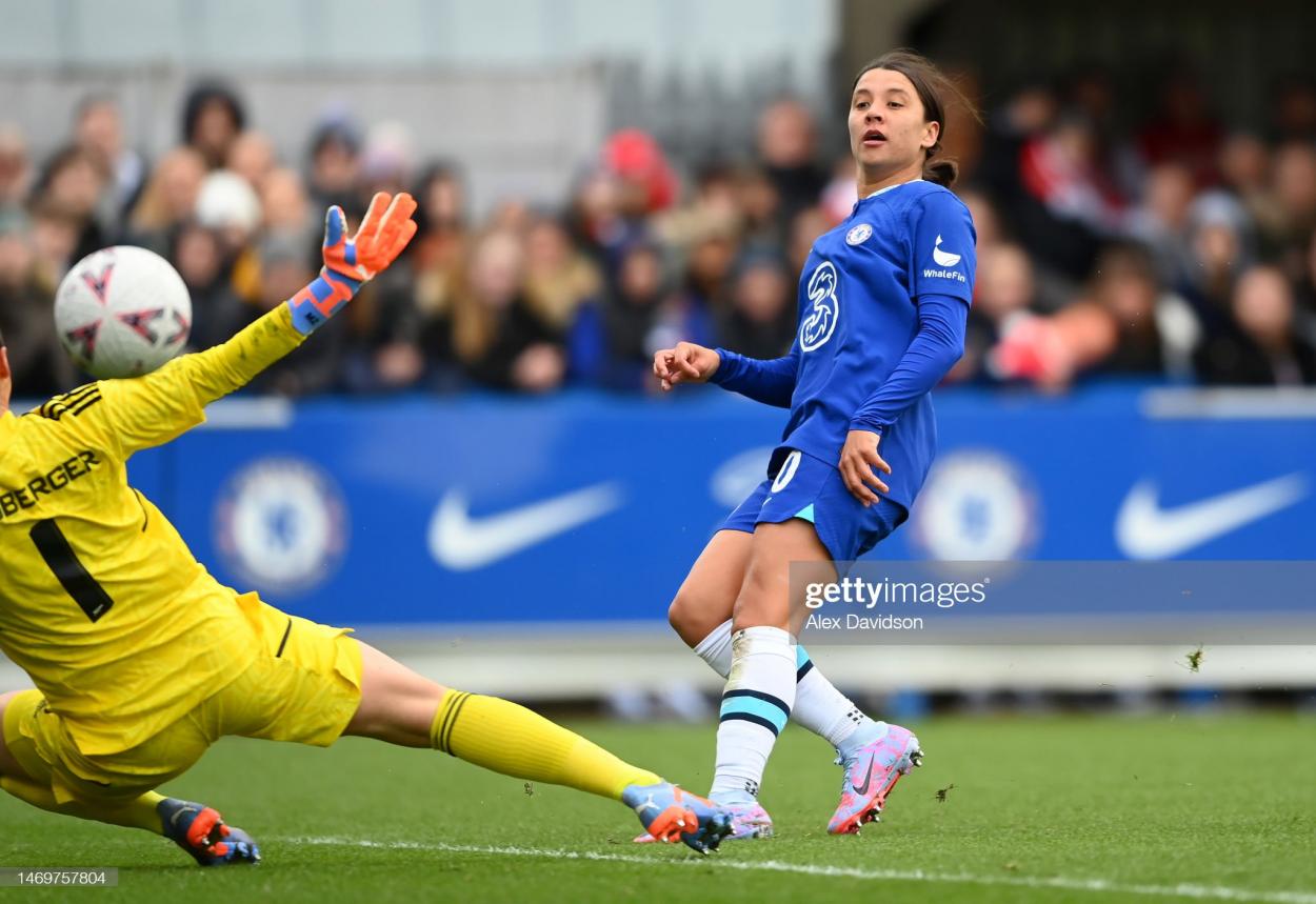 Sam Kerr of Chelsea scores her sides 2nd goal during the Vitality Women's FA Cup Fifth Round match between Chelsea and Arsenal at Kingsmeadow on February 26, 2023 in Kingston upon Thames, England. (Photo by Alex Davidson/Getty Images)