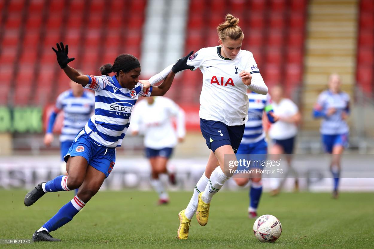 Nikola Karczewska of Tottenham Hotspur and Easther Mayi Kith of Reading compete for the ball during the Vitality Women's FA Cup Fifth Round match between Tottenham Hotspur Women and Reading Women at <strong><a  data-cke-saved-href='https://www.vavel.com/en/football/2021/08/25/1083611-leyton-orient-2-0-bradford-city-superb-orient-end-bradfords-strong-start-to-the-season.html' href='https://www.vavel.com/en/football/2021/08/25/1083611-leyton-orient-2-0-bradford-city-superb-orient-end-bradfords-strong-start-to-the-season.html'>Brisbane Road</a></strong> on February 26, 2023 in London, England. (Photo by Tottenham Hotspur FC/Tottenham Hotspur FC via Getty Images)