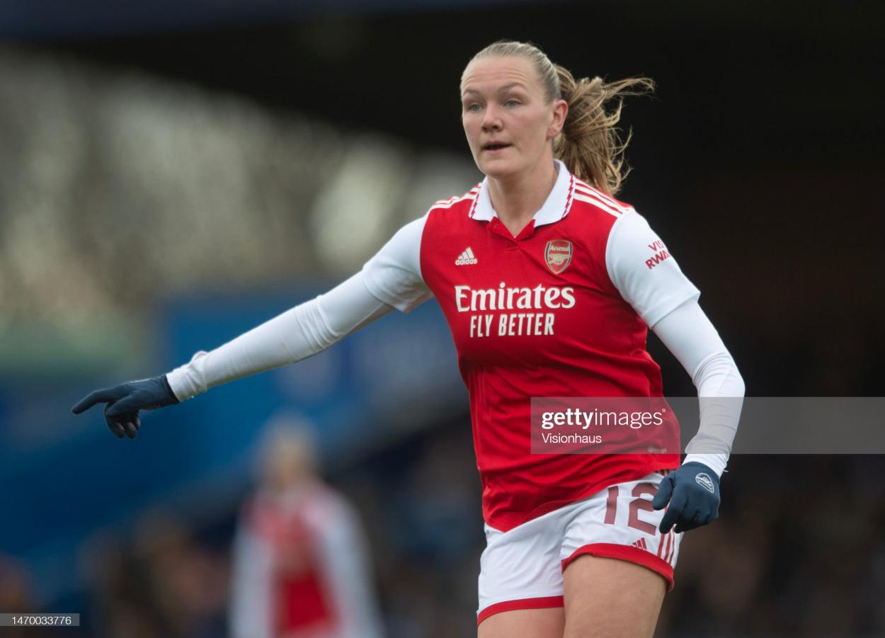 Frida Maanum of Arsenal Women during the Vitality Women's FA Cup Fifth Round match between Chelsea and Arsenal at Kingsmeadow on February 26, 2023 in Kingston upon Thames, England. (Photo by Visionhaus/Getty Images)