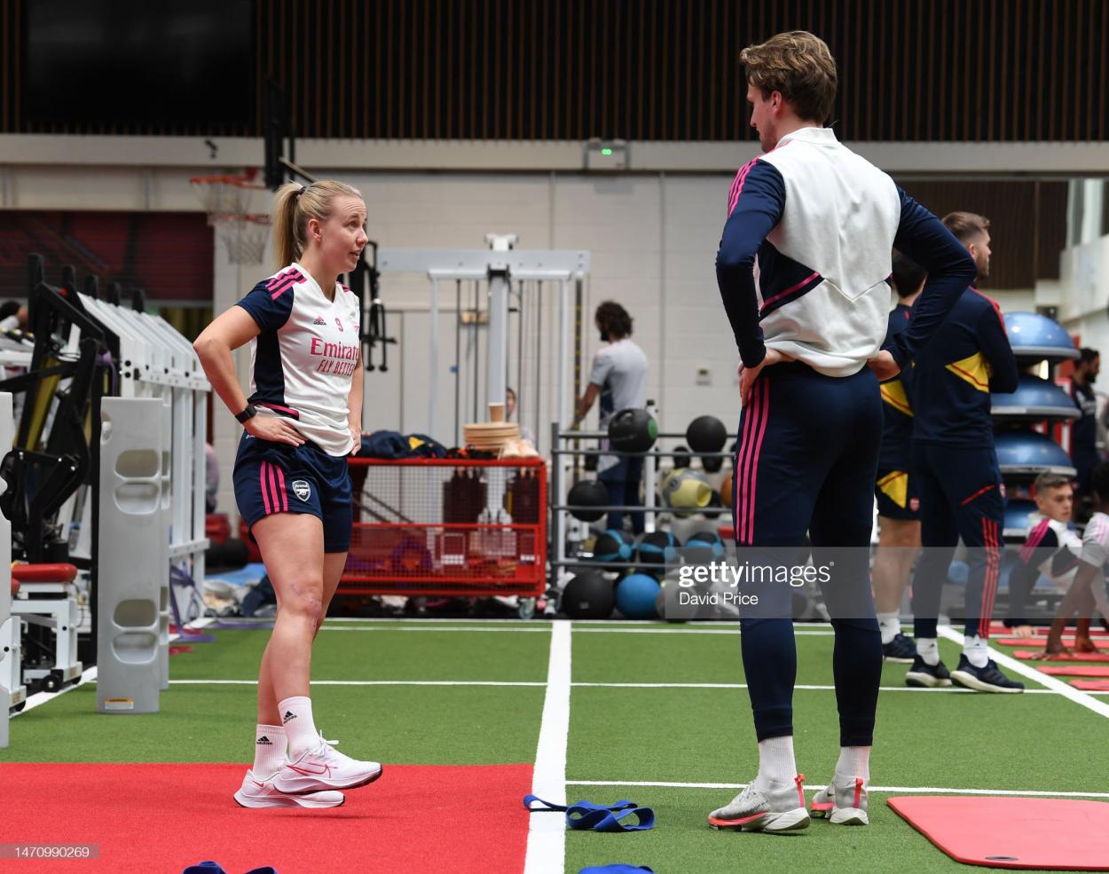 Beth Mead and Rob Holding of Arsenal during the Arsenal Women's training session at London Colney on March 03, 2023 in St Albans, England. (Photo by David Price/Arsenal FC via Getty Images)