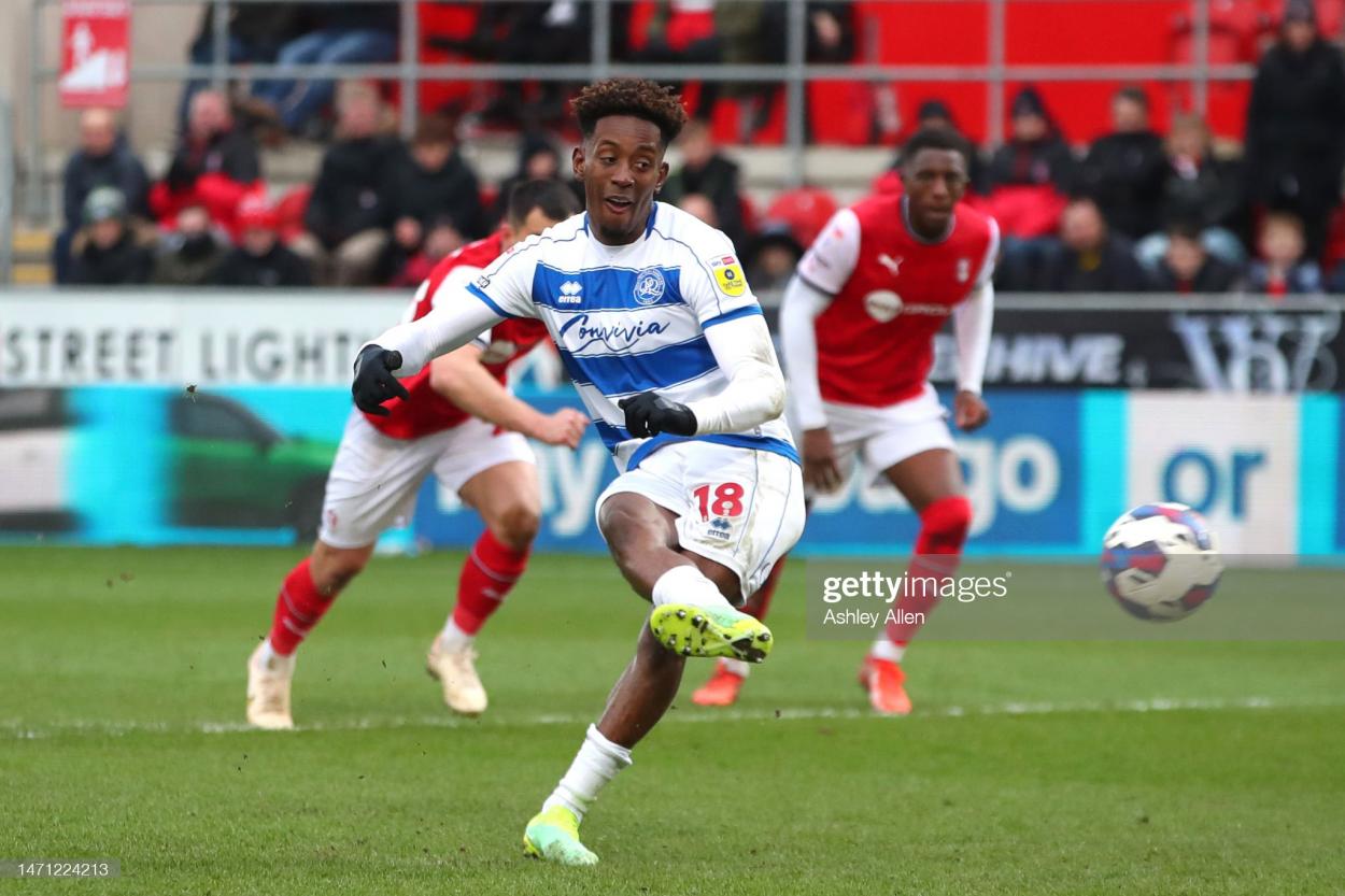 Jamal Lowe's penalty in QPR's 3-1 defeat at Rotherham United (Photo by Ashley Allen/Getty Images)