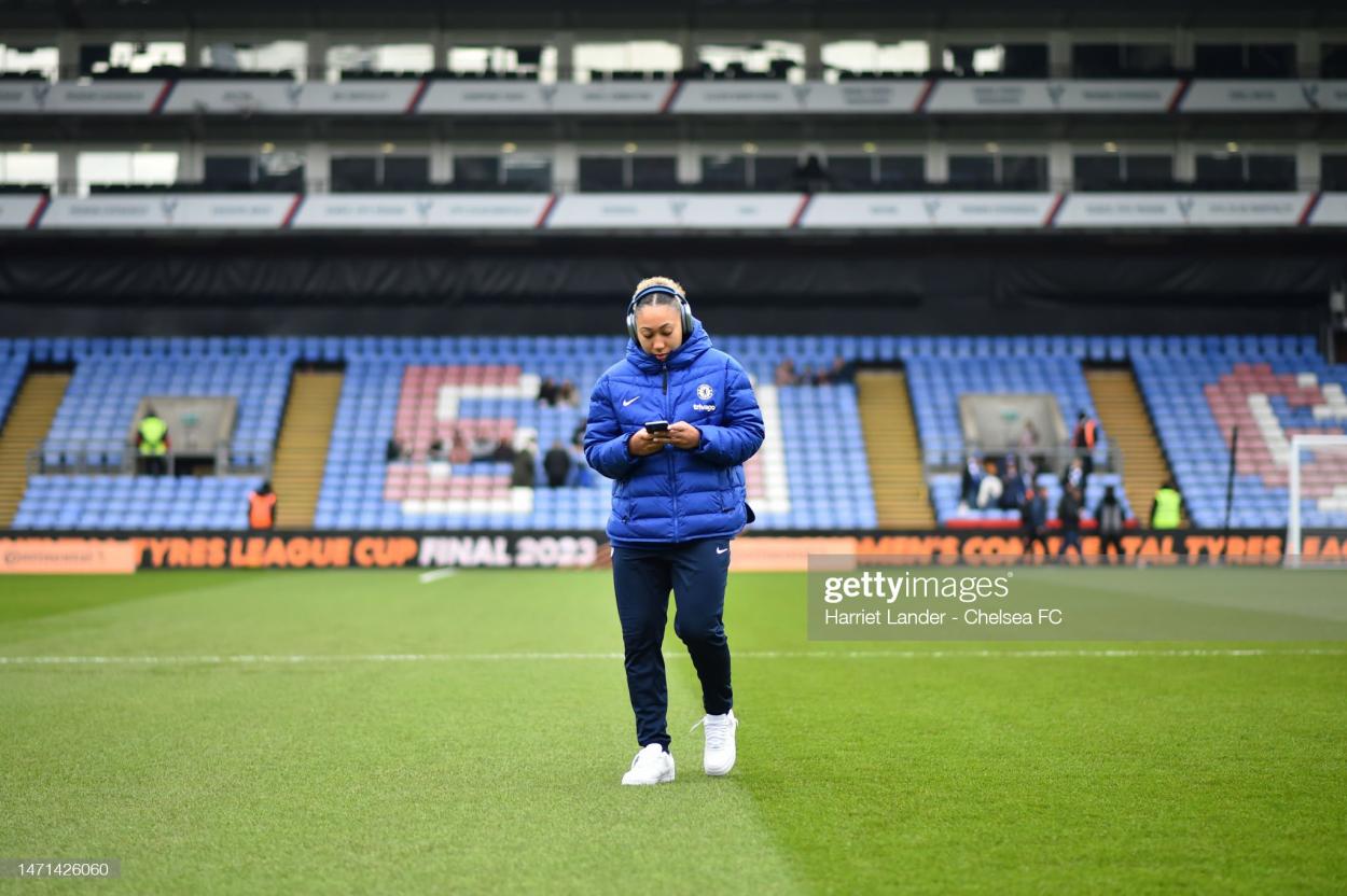 Lauren James of Chelsea looks on during a pitch inspection prior to the FA Women's Continental Tyres League Cup Final match between Chelsea and Arsenal at Selhurst Park on March 05, 2023 in London, England. (Photo by Harriet Lander - Chelsea FC/Chelsea FC via Getty Images)