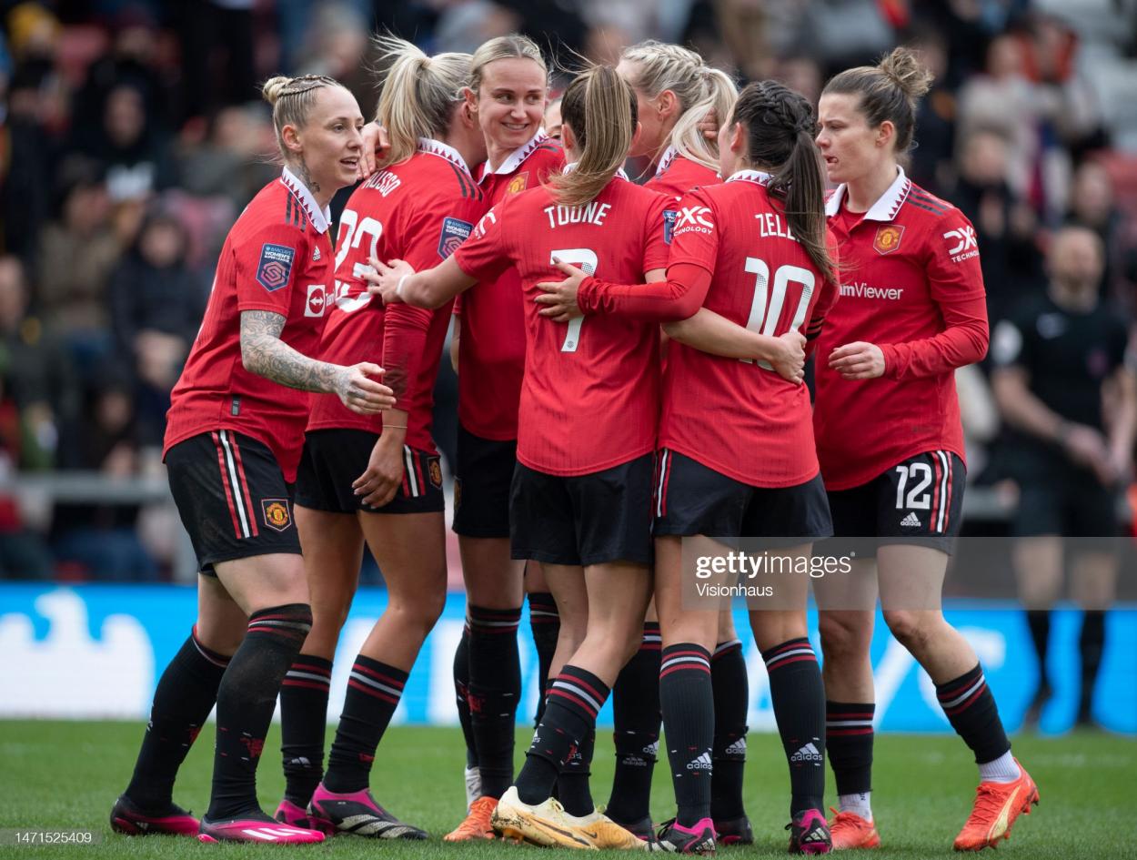 <strong><a  data-cke-saved-href='https://www.vavel.com/en/football/2023/03/04/womens-football/1139519-brian-sorensen-says-united-draw-gave-everton-confidence.html' href='https://www.vavel.com/en/football/2023/03/04/womens-football/1139519-brian-sorensen-says-united-draw-gave-everton-confidence.html'>Alessia Russo</a></strong> of <strong><a  data-cke-saved-href='https://www.vavel.com/en/football/2023/03/11/womens-football/1140247-willie-kirk-praises-sorensen-for-attractive-style-of-play-ahead-of-everton-fixture.html' href='https://www.vavel.com/en/football/2023/03/11/womens-football/1140247-willie-kirk-praises-sorensen-for-attractive-style-of-play-ahead-of-everton-fixture.html'>Manchester United</a></strong> celebrates scoring her second goal with team mates Leah Galton, Martha Thomas, Ella Toone, Katie Zelem and Hayley Ladd during the FA Women's Super League match between <strong><a  data-cke-saved-href='https://www.vavel.com/en/football/2023/03/11/womens-football/1140247-willie-kirk-praises-sorensen-for-attractive-style-of-play-ahead-of-everton-fixture.html' href='https://www.vavel.com/en/football/2023/03/11/womens-football/1140247-willie-kirk-praises-sorensen-for-attractive-style-of-play-ahead-of-everton-fixture.html'>Manchester United</a></strong> and Leicester City at Leigh Sports Village on March 5, 2023 in Leigh, United Kingdom. (Photo by Joe Prior/Visionhaus via Getty Images)