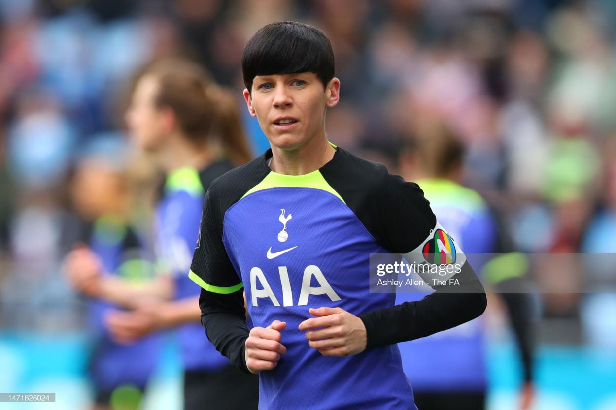 Captain of Tottenham Hotspur, Ashleigh Neville looks on during the FA Women's Super League match between <strong><a  data-cke-saved-href='https://www.vavel.com/en/football/2023/04/09/womens-football/1143329-sarina-wiegman-believes-england-will-be-challenged-again-ahead-of-australia-clash.html' href='https://www.vavel.com/en/football/2023/04/09/womens-football/1143329-sarina-wiegman-believes-england-will-be-challenged-again-ahead-of-australia-clash.html'>Manchester City</a></strong> and Tottenham Hotspur at The Academy Stadium on March 05, 2023 in Manchester, England. <strong><a  data-cke-saved-href='https://www.vavel.com/en/football/2023/04/09/womens-football/1143329-sarina-wiegman-believes-england-will-be-challenged-again-ahead-of-australia-clash.html' href='https://www.vavel.com/en/football/2023/04/09/womens-football/1143329-sarina-wiegman-believes-england-will-be-challenged-again-ahead-of-australia-clash.html'>Manchester City</a></strong> are wearing a kit inspired by Manchester born suffragette, Emmeline Pankhurst. Pankhurst was a leading British women's rights activist, who campaigned to win the right for women to vote. (Photo by Ashley Allen - The FA/The FA via Getty Images)