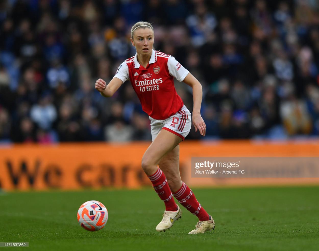 Leah Williamson of Arsenal during the FA Women's Continental Tyres League Cup Final match between Chelsea and Arsenal at Selhurst Park on March 05, 2023 in London, England. (Photo by Alan Walter - Arsenal FC/Arsenal FC via Getty Images)