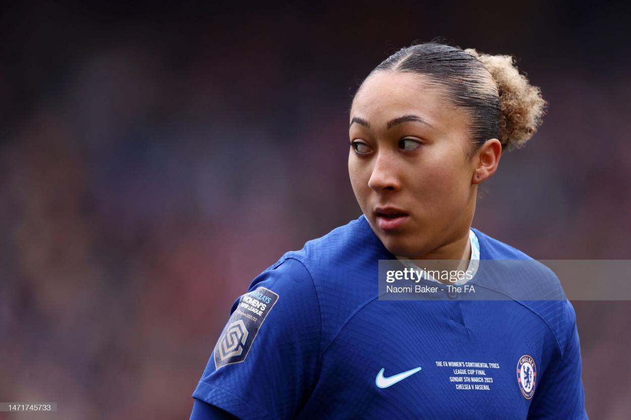 Lauren James of Chelsea during the FA Women's Continental Tyres League Cup Final match between Chelsea and Arsenal at Selhurst Park on March 05, 2023 in London, England. (Photo by Naomi Baker - The FA/The FA via Getty Images)