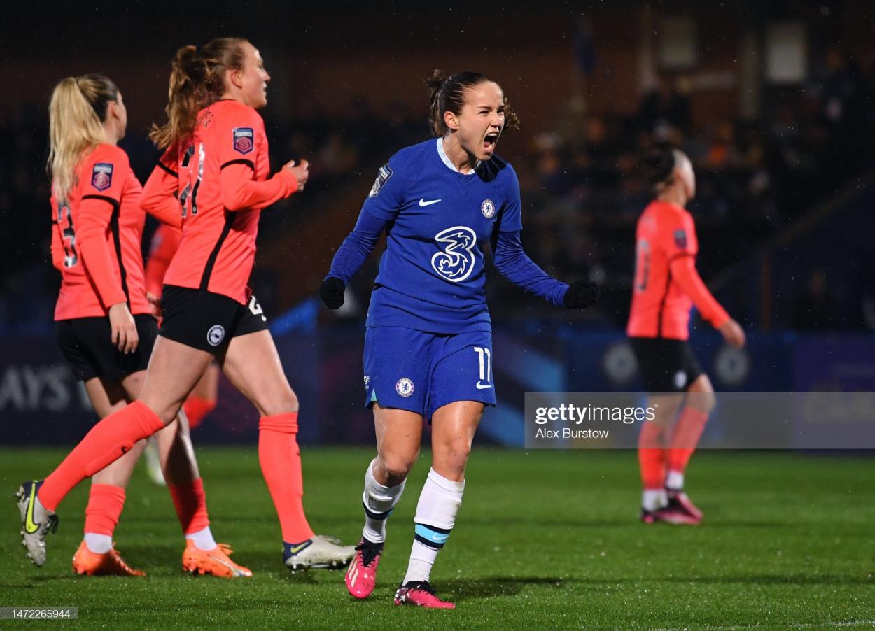 Guro Reiten of Chelsea celebrates after scoring the team's first goal during the FA Women's Super League match between Chelsea and Brighton & Hove Albion at Kingsmeadow on March 08, 2023 in Kingston upon Thames, England. (Photo by Alex Burstow/Getty Images)