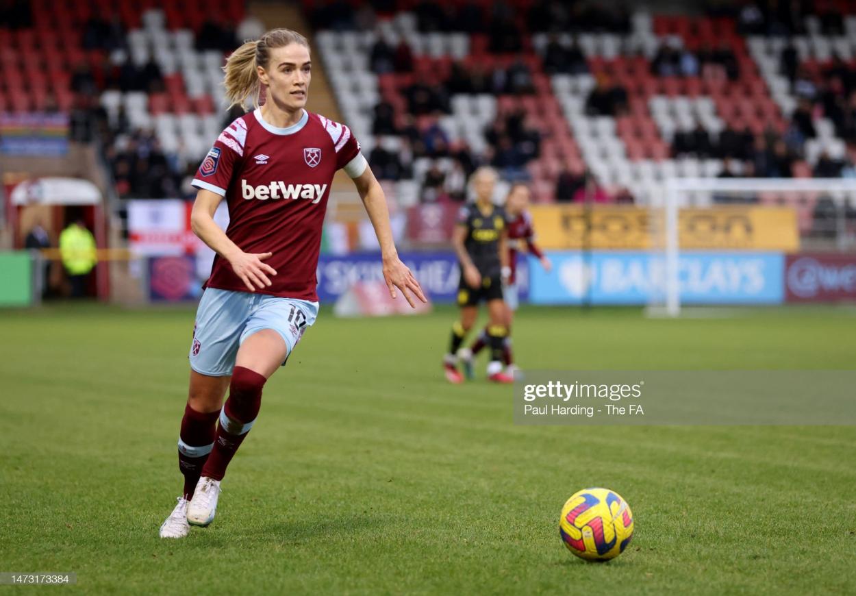 Dagny Brynjarsdottir of West Ham United runs with the ball during the FA Women's Super League match between West Ham United and Aston Villa at Chigwell Construction Stadium on March 12, 2023 in Dagenham, England. (Photo by Paul Harding - The FA/The FA via Getty Images)