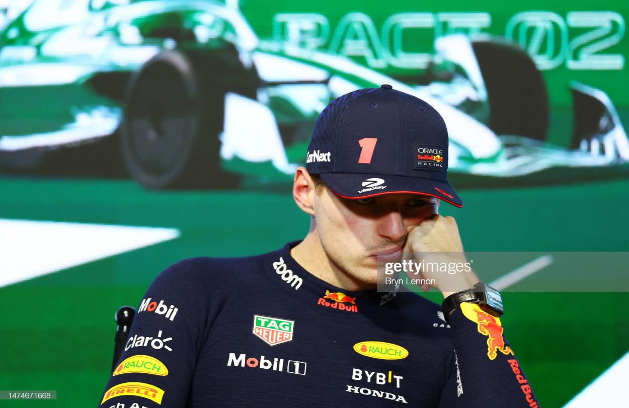 JEDDAH, SAUDI ARABIA - MARCH 19: Second placed Max Verstappen of the Netherlands and Oracle Red Bull Racing looks on in parc ferme the press conference after the F1 Grand Prix of Saudi Arabia at Jeddah Corniche Circuit on March 19, 2023 in Jeddah, Saudi Arabia. (Photo by Bryn Lennon/Getty Images)