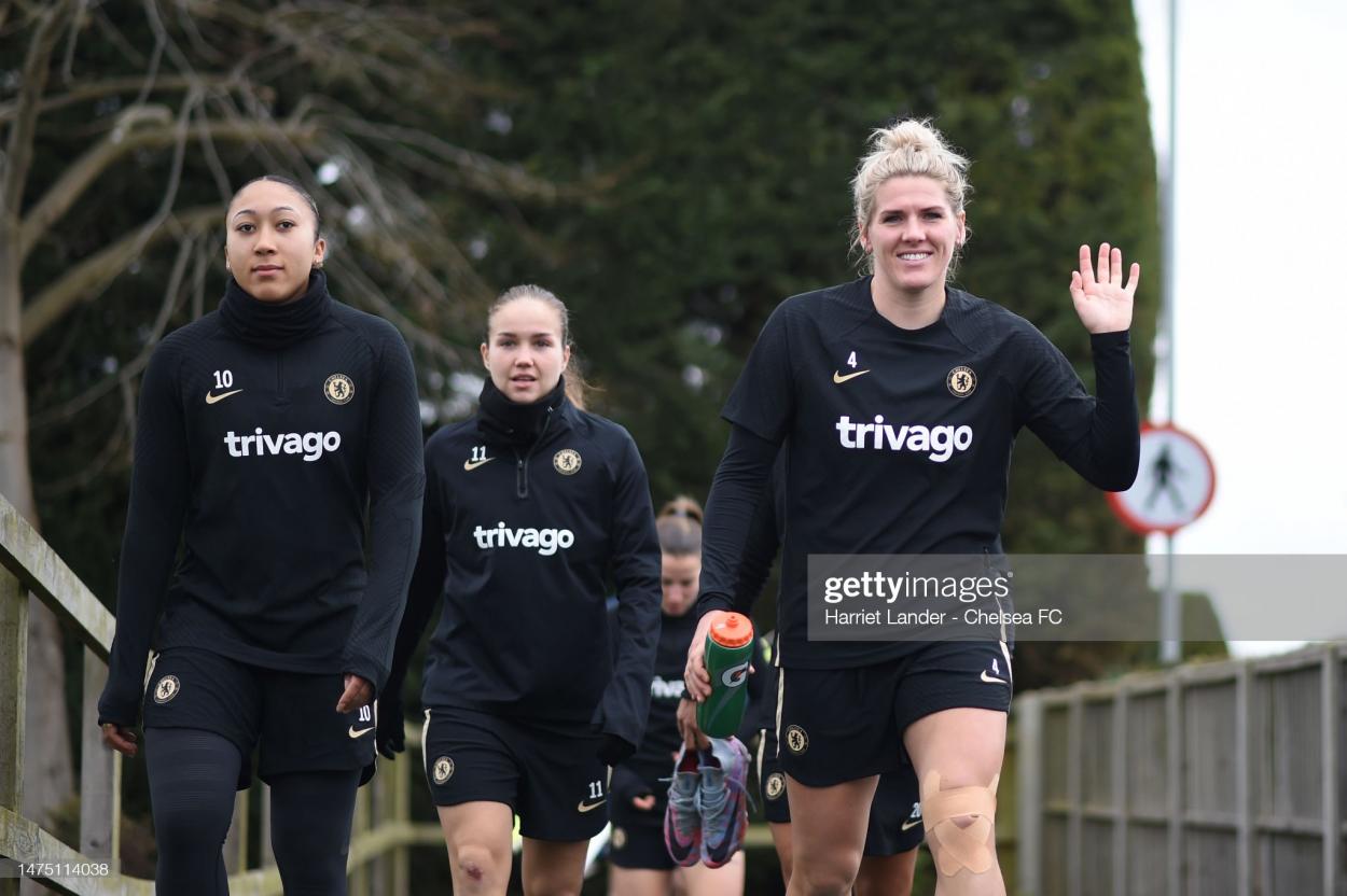 Lauren James and <strong><a  data-cke-saved-href='https://www.vavel.com/en/football/2023/03/05/womens-football/1139662-emma-hayes-and-jonas-eidevall-look-ahead-to-the-wsl-conti-cup-final.html' href='https://www.vavel.com/en/football/2023/03/05/womens-football/1139662-emma-hayes-and-jonas-eidevall-look-ahead-to-the-wsl-conti-cup-final.html'>Millie Bright</a></strong> in training. (Photo by Harriet Lander - Chelsea FC/Chelsea FC via Getty Images)