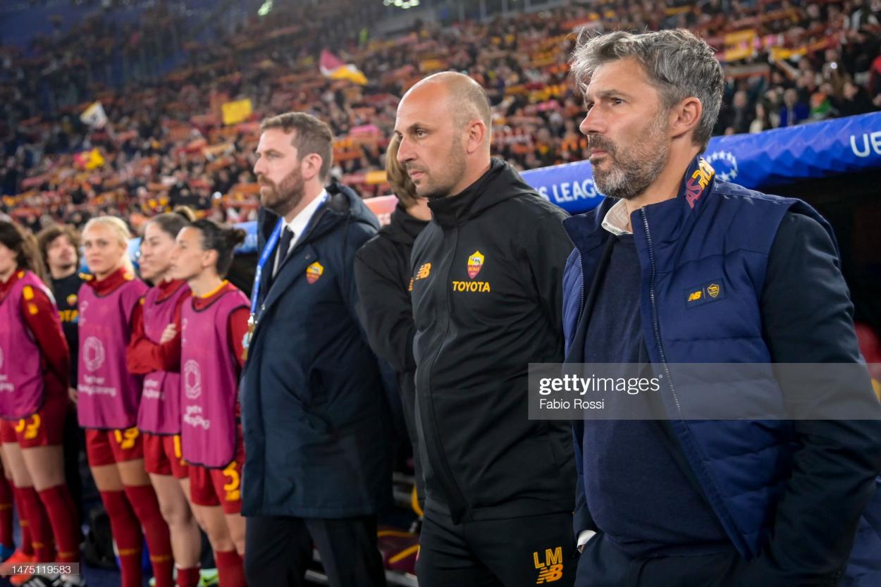 AS Roma coach Alessandro Spugna during the UEFA Women's Champions League quarter-final 1st leg match between AS Roma and FC Barcelona at Stadio Olimpico on March 21, 2023 in Rome, Italy. (Photo by Fabio Rossi/AS Roma via Getty Images)
