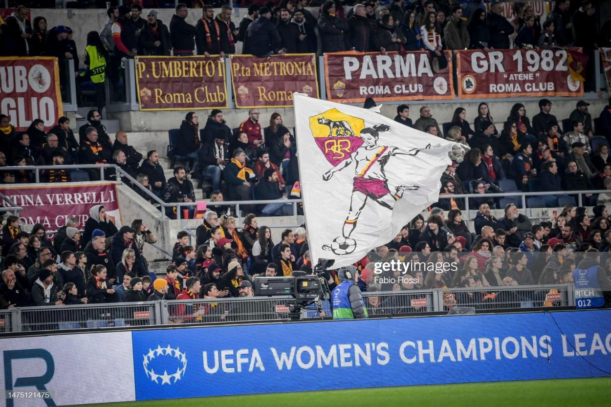 AS Roma fans during the UEFA Women's Champions League quarter-final 1st leg match between AS Roma and FC Barcelona at Stadio Tre Fontane on March 21, 2023 in Rome, Italy. (Photo by Fabio Rossi/AS Roma via Getty Images)