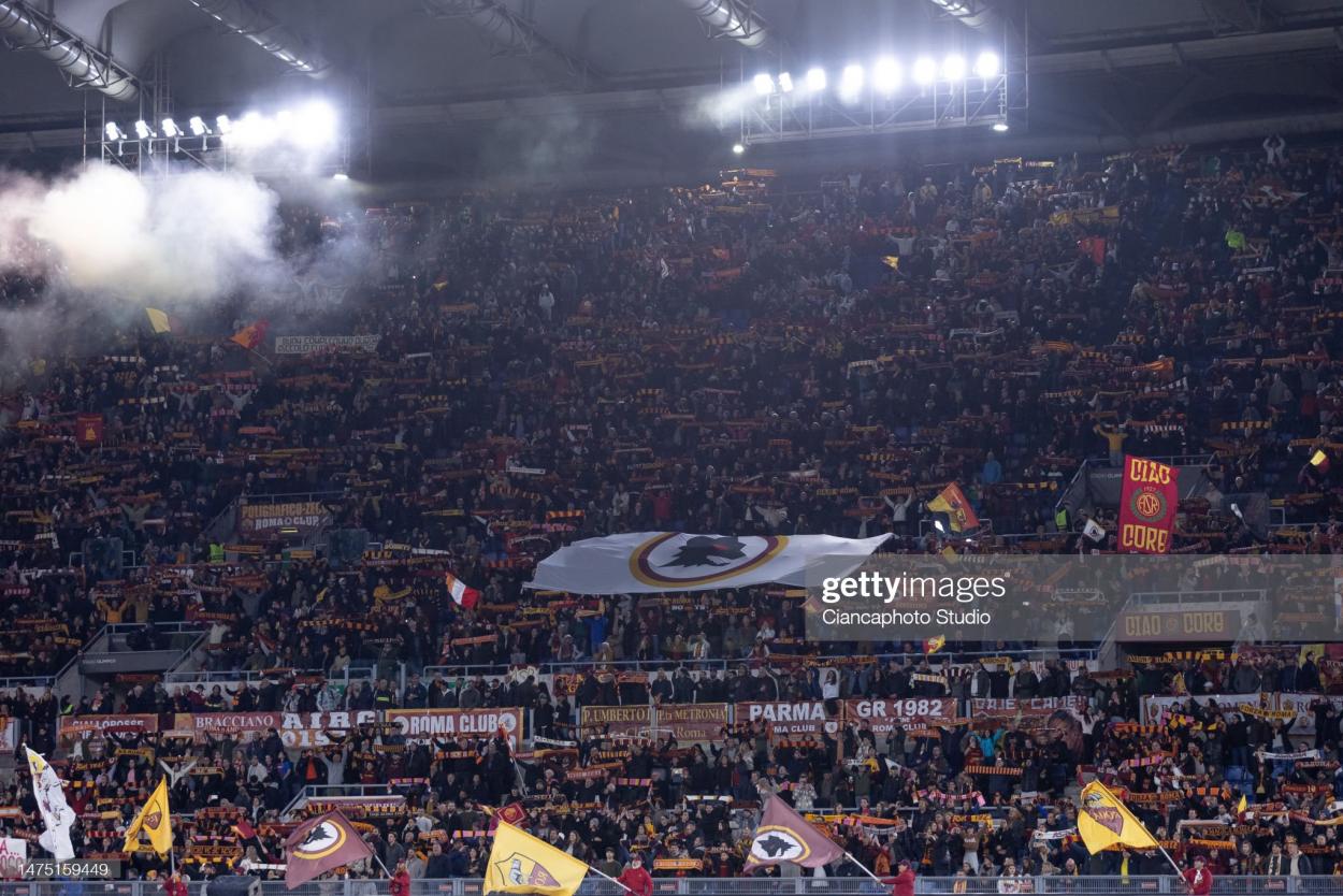 Supporters of AS Roma during the UEFA Women's Champions League quarter-final 1st leg match between AS Roma and FC Barcelona at Stadio Olimpico on March 21, 2023 in Rome, Italy. (Photo by Emmanuele Ciancaglini/Ciancaphoto Studio/Getty Images)