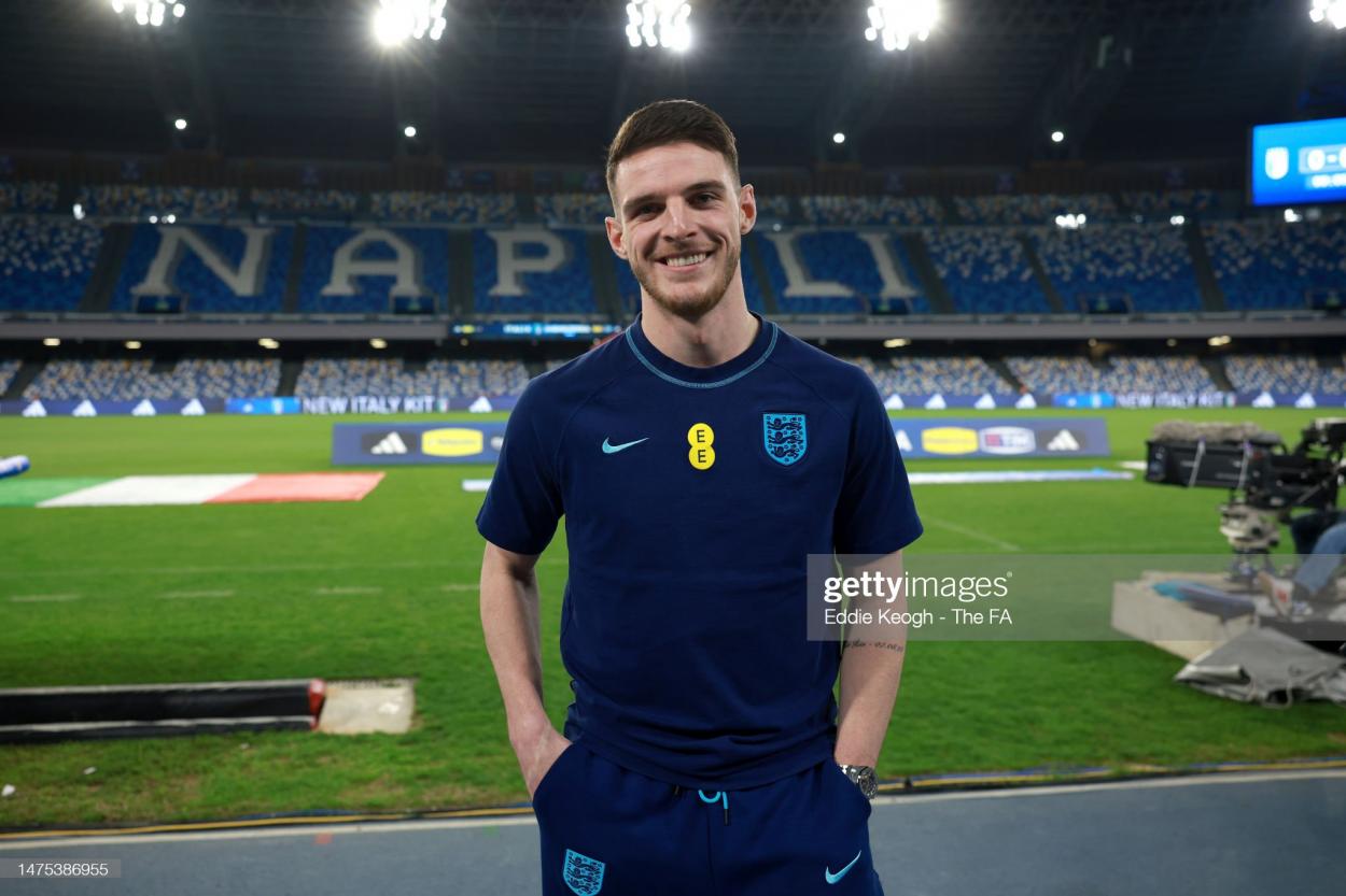 Marco Verratti is a big fan of <strong><a  data-cke-saved-href='https://www.vavel.com/en/football/2023/03/06/brighton-hove-albion/1139784-brighton-will-be-as-tough-as-steele-in-the-champions-league.html' href='https://www.vavel.com/en/football/2023/03/06/brighton-hove-albion/1139784-brighton-will-be-as-tough-as-steele-in-the-champions-league.html'>Declan Rice.</a></strong> (Photo by Eddie Keogh - The FA/The FA via Getty Images)