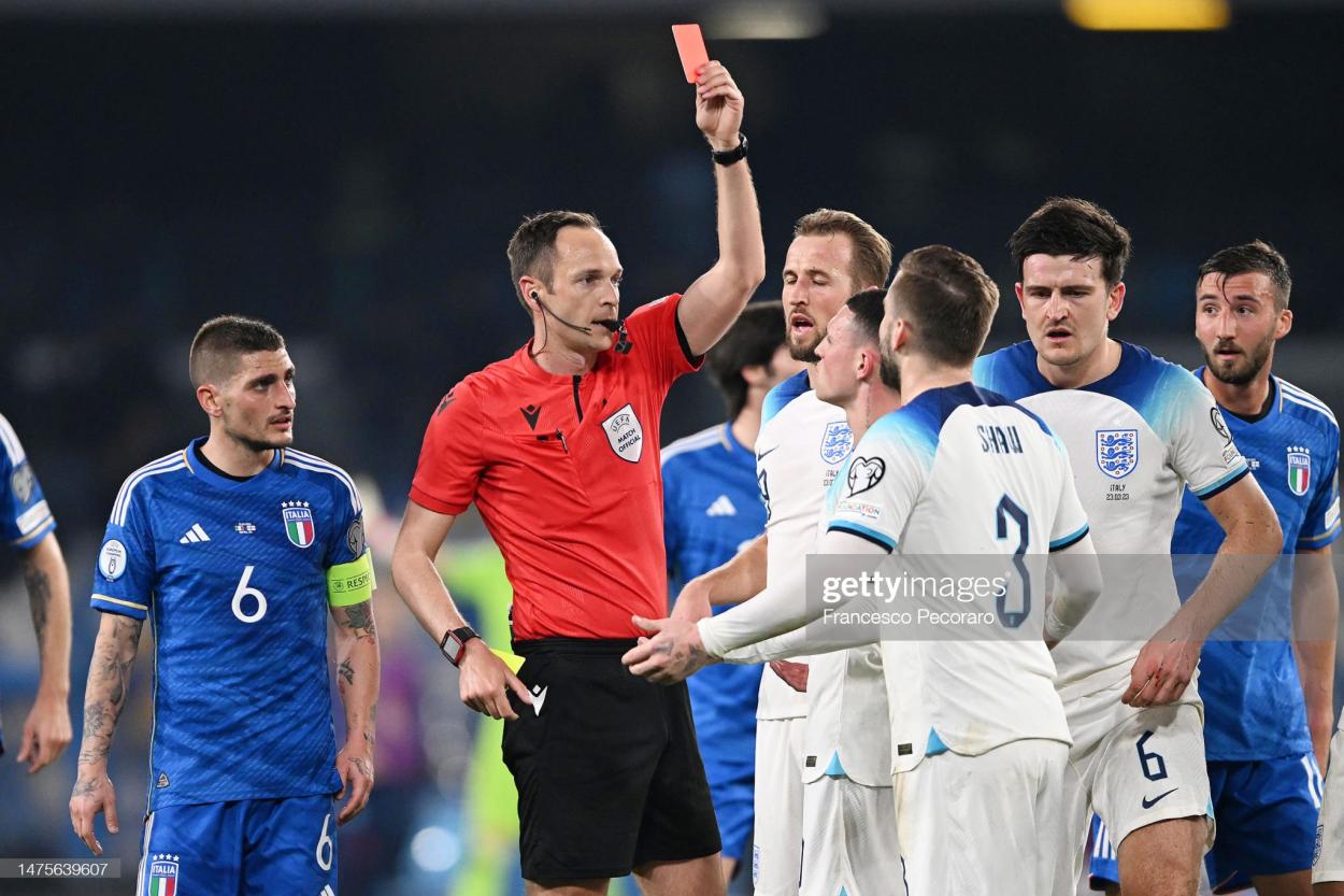 Luke Shaw scored against Italy in the Euro 2020 final, but was red carded in the opening game of Euro 2024 qualifying. (Photo by Frances Pecoraro/Getty Images)