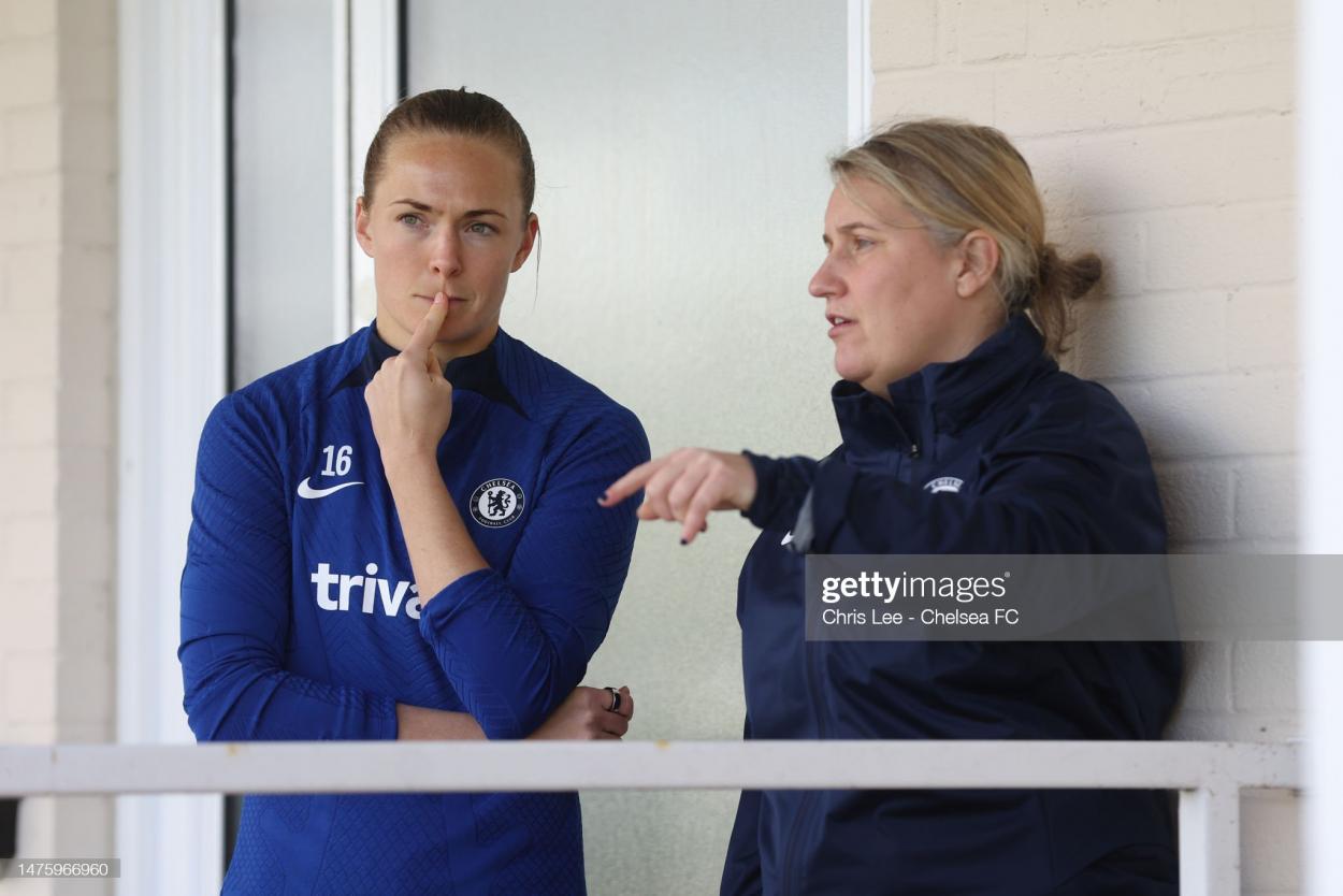 Magdalena Eriksson and <strong><a  data-cke-saved-href='https://www.vavel.com/en/football/2023/03/17/womens-football/1140982-our-game-is-being-recognised-for-all-the-right-reasons-emma-hayes-reflects-on-the-current-status-of-womens-football.html' href='https://www.vavel.com/en/football/2023/03/17/womens-football/1140982-our-game-is-being-recognised-for-all-the-right-reasons-emma-hayes-reflects-on-the-current-status-of-womens-football.html'>Emma Hayes</a></strong> during training session on March 24th. (Photo by Chris Lee - Chelsea FC/Chelsea FC via Getty Images)