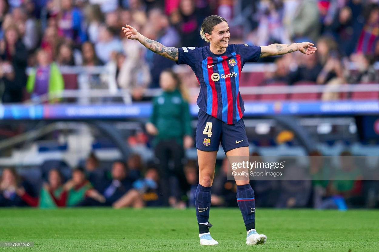 Maria Leon of FC Barcelona celebrates after scoring her team's second goal during the UEFA Women's Champions League quarter-final 2nd leg match between FC Barcelona and AS Roma at Spotify Camp Nou on March 29, 2023 in Barcelona, Spain. (Photo by Pedro Salado/Quality Sport Images/Getty Images)