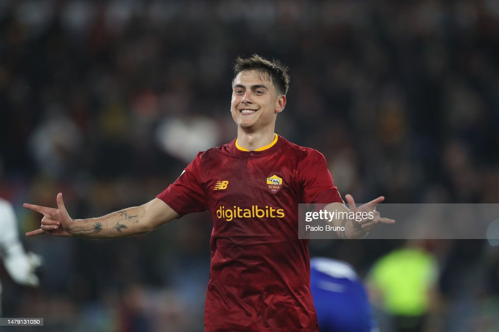 ROME, ITALY - APRIL 02: Paulo Dybala of AS Roma celebrates after scoring the team's second goal during the Serie A match between AS Roma and UC Sampdoria at Stadio Olimpico on April 02, 2023 in Rome, Italy. (Photo by Paolo Bruno/Getty Images)