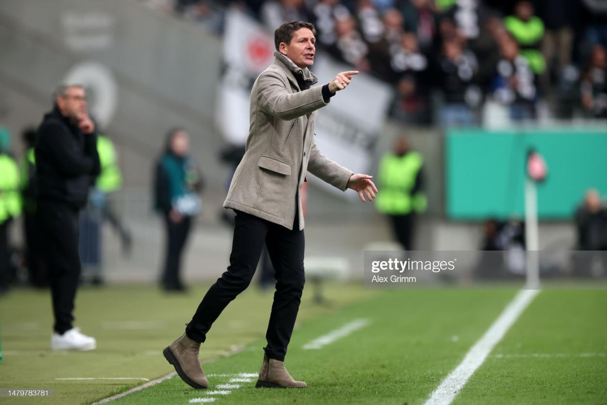 Oliver Glasner, Head Coach of Eintracht Frankfurt, gestures during the DFB Cup quarterfinal match between Eintracht Frankfurt and 1. FC Union Berlin at Deutsche Bank Park on April 04, 2023  (Photo by Alex Grimm/Getty Images)