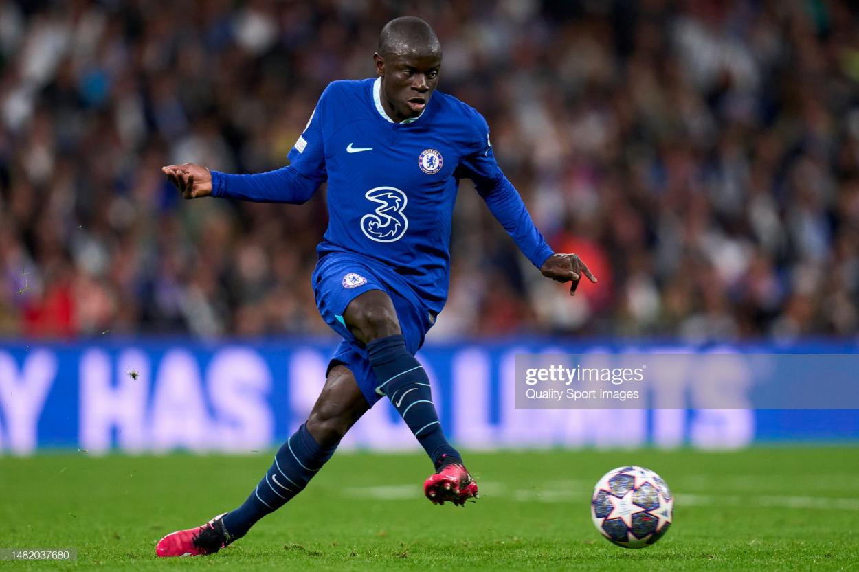 NGolo Kante of Chelsea FC passing the ball during the UEFA Champions League quarterfinal first leg match between Real Madrid and Chelsea FC at Estadio Santiago Bernabeu on April 12, 2023 in Madrid, Spain. (Photo by Diego Souto/Quality Sport Images/Getty Images)