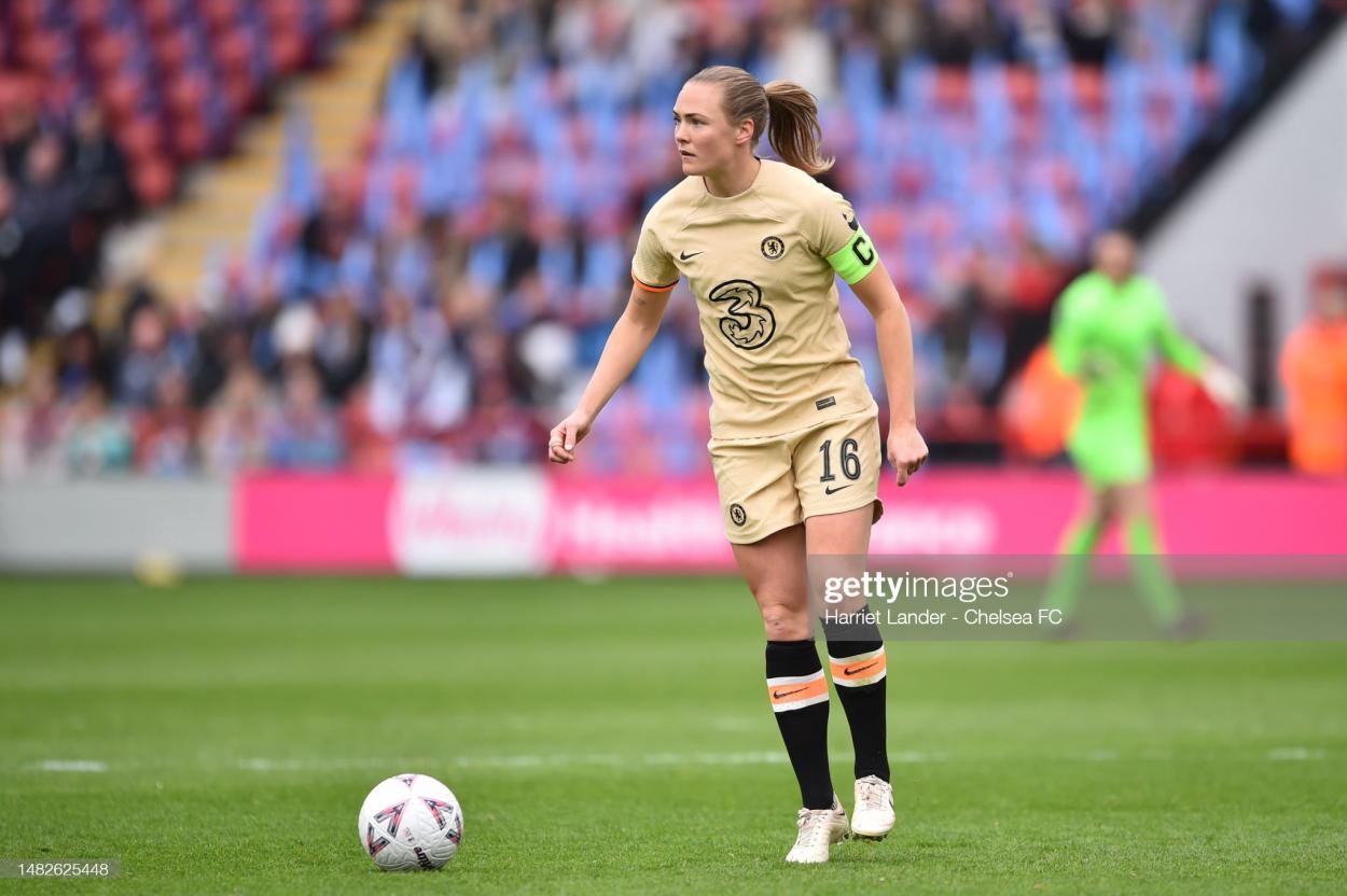  Magdalena Eriksson of Chelsea in action during the Vitality Women's FA Cup Semi Final match between Aston Villa and Chelsea at Poundland Bescot Stadium on April 16, 2023 in Walsall, England. (Photo by Harriet Lander - Chelsea FC/Chelsea FC via Getty Images)