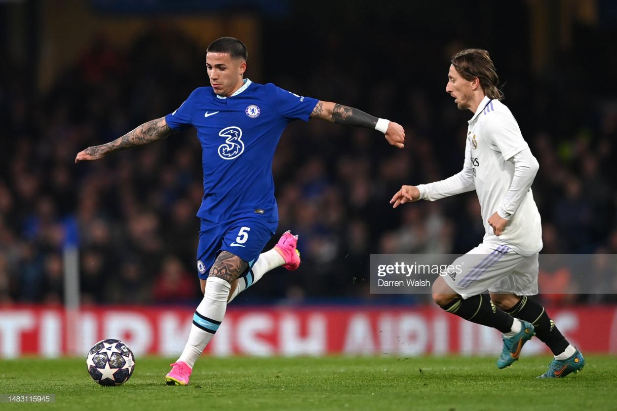 Enzo Fernandez during clash against Real Madrid. (Photo by Darren Walsh/Chelsea FC via Getty Images)