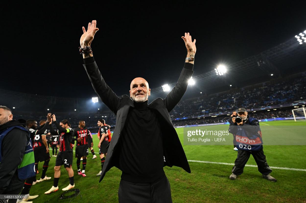 Stefano Pioli, AC Milan head coach, acknowledges the club's supporters after they secured progression to the <strong><a  data-cke-saved-href='https://www.vavel.com/en/international-football/2023/04/18/champions-league/1144200-four-things-we-learnt-from-chelseas-defeat-against-real-madrid.html' href='https://www.vavel.com/en/international-football/2023/04/18/champions-league/1144200-four-things-we-learnt-from-chelseas-defeat-against-real-madrid.html'>Champions League</a></strong> semi-finals (Photo by Tullio Puglia - UEFA/UEFA via Getty Images)