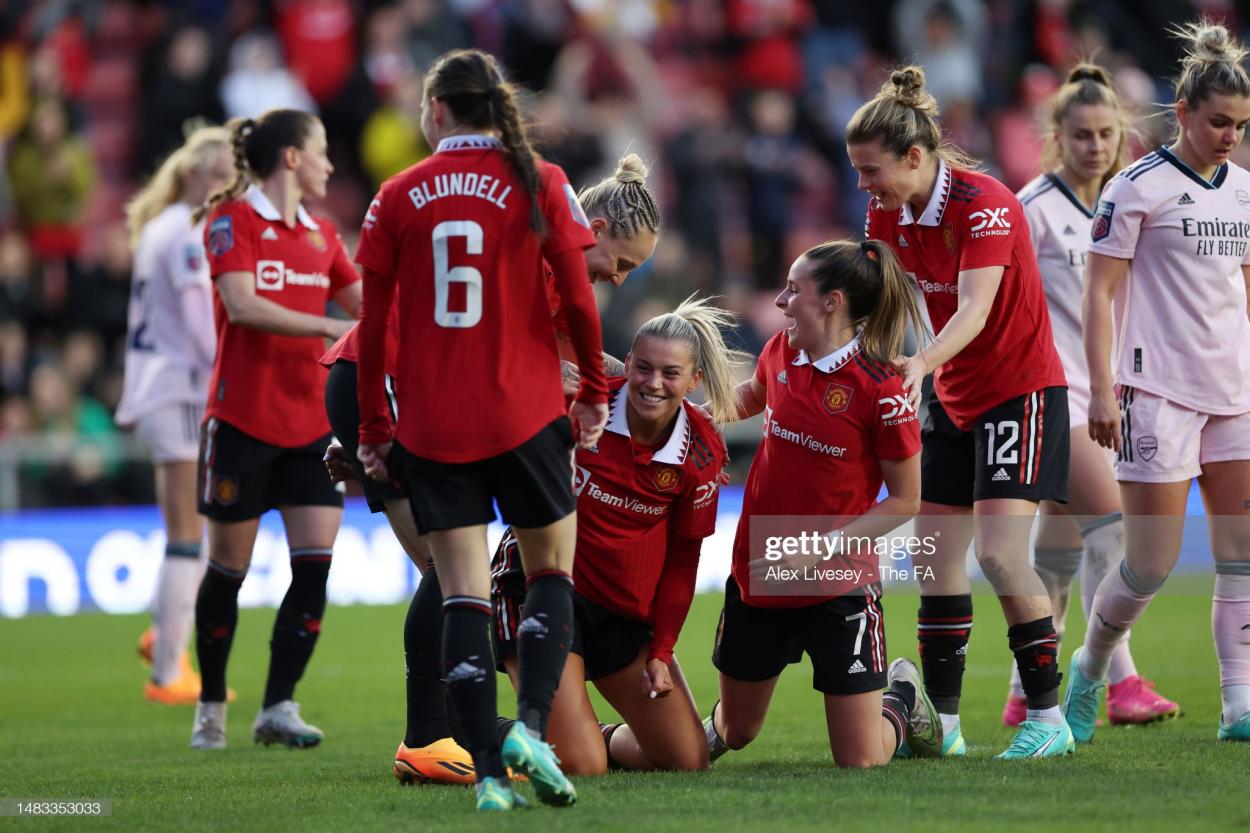 Alessia Russo of Manchester United celebrates with teammates after scoring the team's first goal during the FA Women's Super League match between Manchester United and Arsenal at Leigh Sports Village on April 19, 2023 in Leigh, England. (Photo by Alex Livesey - The FA/The FA via Getty Images)