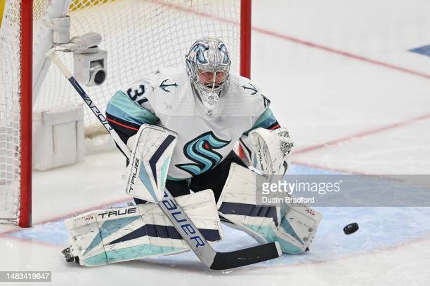 Grubauer prepares to make a save against his former team in Game 1/Photo: Dustin Bradford/Getty Images