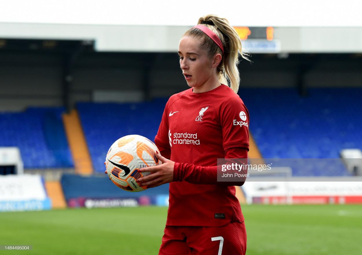 Missy Bo Kearns of Liverpool Women during the FA Women's Super League match between Liverpool and Brighton & Hove Albion at Prenton Park on April 23, 2023 in Birkenhead, England. (Photo by John Powell/Liverpool FC via Getty Images)